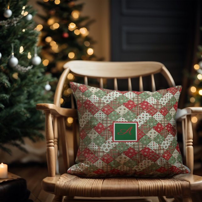 Monogram familielap quilt Groen Rood  Kussen (Creator heeft geüpload)
