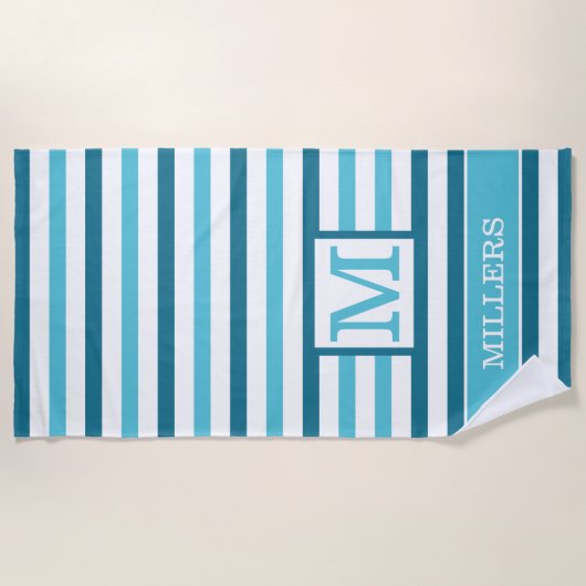 Monogram familienaam Aqua Blauw en Wit Gestreept Strandlaken (Voorkant)