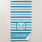 Monogram familienaam Aqua Blauw en Wit Gestreept Strandlaken (Voorkant)