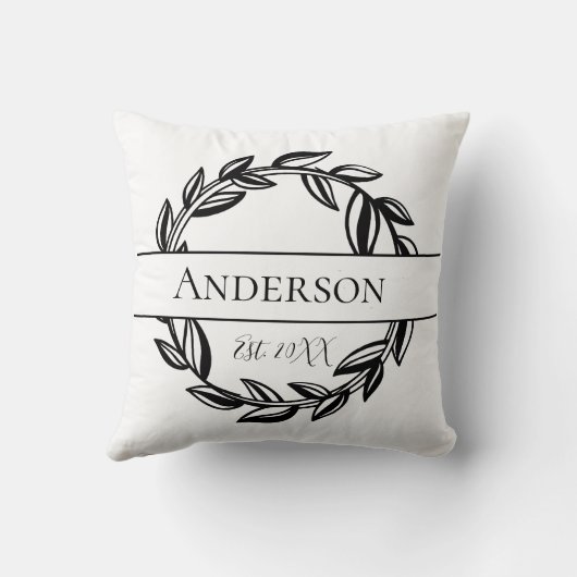 Monogram Familienaam Black White Leaf Kussen (Achterkant)