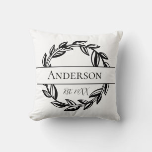 Monogram Familienaam Black White Leaf Kussen