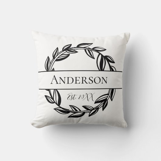 Monogram Familienaam Black White Leaf Kussen (Voorkant)