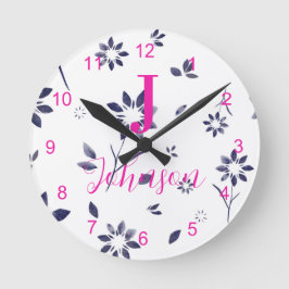 Monogram Familienaam Blauwe Bloem Ronde Klok