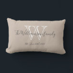 Monogram   familienaam Chique Script Keepsake Gift Kussen<br><div class="desc">Monogram familienaam Chique Script Keepsake Gift Beige Lumbar kussen. Klik op personaliseer deze sjabloon om deze snel en eenvoudig aan te passen met het monogram achternaam initiaal, familienaam en huwelijksdatum. Maakt een uniek mooi cadeau voor pasgetrouwden. Heerlijk voor hun nieuwe leven samen of voor uw huis. Monogram familienaam Chic Script...</div>