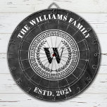 Monogram Familienaam  Crest Dartbord<br><div class="desc">Een cool zwart-wit monogram crest dartbord gepersonaliseerd met jouw naam en gevestigde datum. Geweldig voor een familie speelkamer,  of man grot. Ontworpen voor u door Blackberry Boulevard.</div>