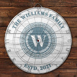 Monogram Familienaam  Crest Dartbord<br><div class="desc">Een cool monogram kam dartbord met een rustieke witte houten achtergrond gepersonaliseerd met jouw naam en gevestigde datum. Geweldig voor een familie speelkamer,  of man grot. Ontworpen voor u door Blackberry Boulevard.</div>