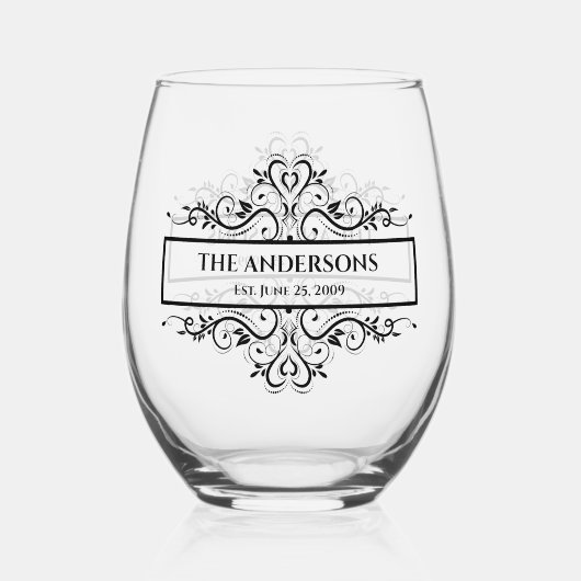 Monogram familienaam  datum wijnglas zonder voet (Achterkant)