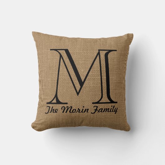 Monogram Familienaam Faux Burlap Sierkussen (Voorkant)