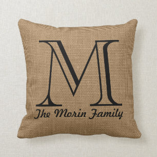Monogram Familienaam Faux Burlap Sierkussen