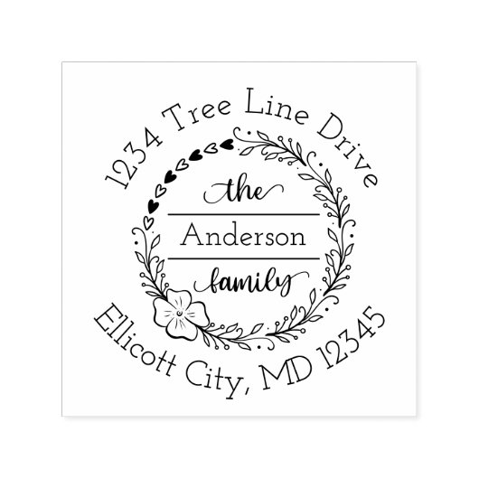 Monogram Familienaam Floral Heart Wreath Zelfinktende Stempel (Design)