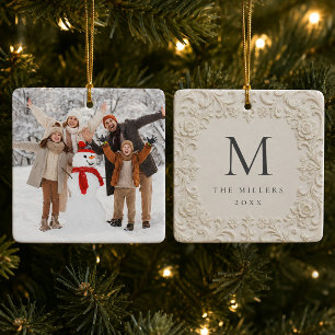 Monogram Familienaam Foto Barok Bruiloft Keramisch Ornament