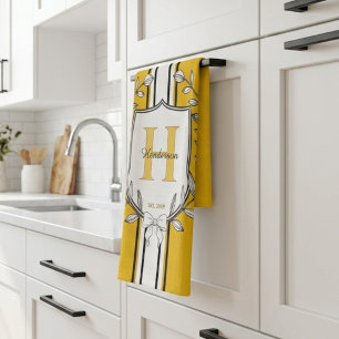 Monogram familienaam geel zwart streep theedoek