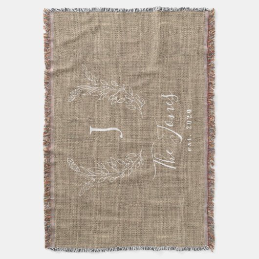 Monogram familienaam gepersonaliseerd rustige jute deken (Voorkant Verticaal)