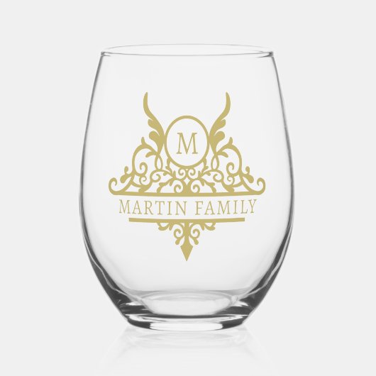 Monogram familienaam gepersonaliseerd wijnglas zonder voet (Voorkant)