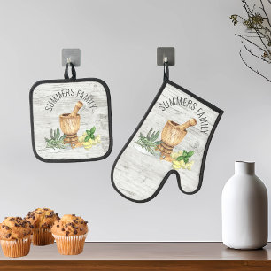 Monogram familienaam hout rustiek ovenwant & pannenlap set