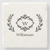 Monogram Familienaam Laurel Krans Crest Zwart Stenen Onderzetter (Voorkant)