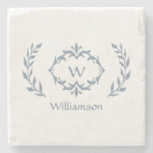 Monogram Familienaam Laurel Krans Dusty Blue Stenen Onderzetter (Voorkant)