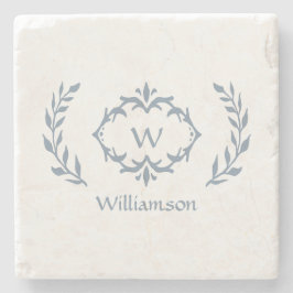 Monogram Familienaam Laurel Krans Dusty Blue Stenen Onderzetter