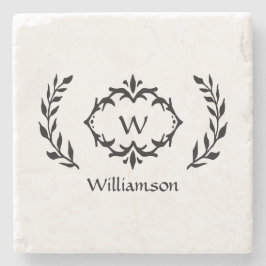 Monogram Familienaam Lauwerkrans Crest Zwart Stenen Onderzetter
