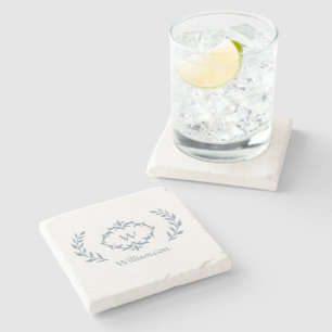 Monogram Familienaam Lauwerkrans Stof Blauw Stenen Onderzetter