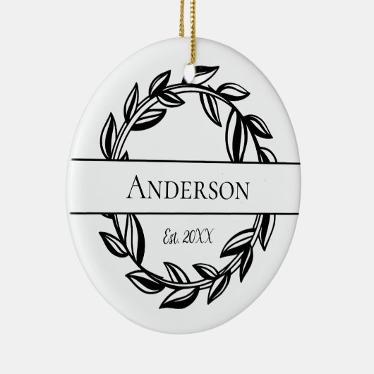 Monogram Familienaam Leaf Wreater Kerstmis Keramisch Ornament (Rechts)