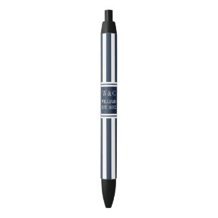 Monogram familienaam Navy blauw wit gestreept Zwarte Inkt Pen