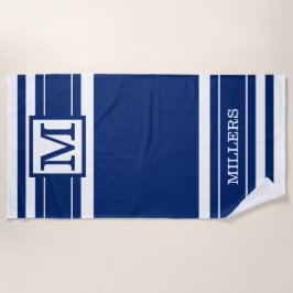 Monogram familienaam Navy Blue en White Striped Strandlaken