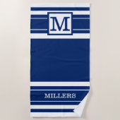 Monogram familienaam Navy Blue en White Striped Strandlaken (Voorkant)