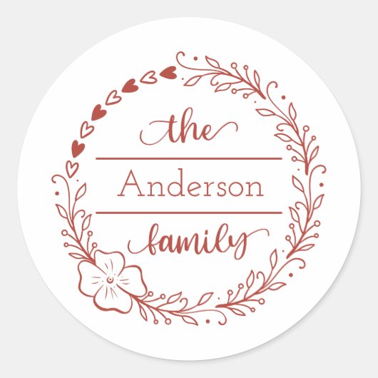 Monogram familienaam rode harten envelopzegels ronde sticker (Voorkant)