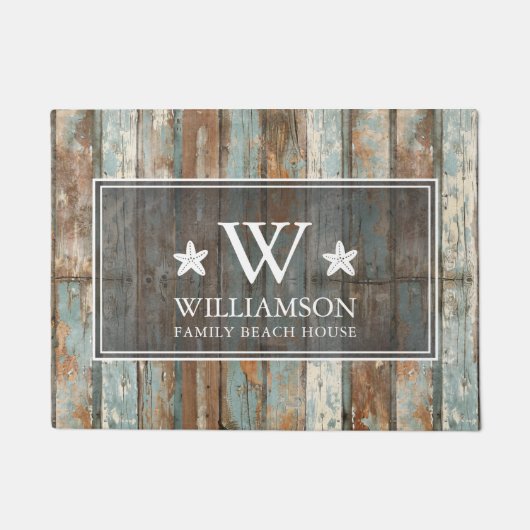 Monogram Familienaam Rustic Boho Wood Beach House Deurmat (Voorkant)