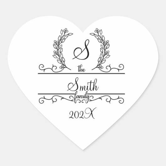 Monogram familienaam Script lettertype Bladeren  Hart Sticker (Voorkant)
