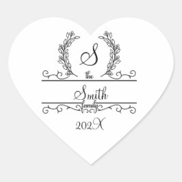 Monogram familienaam Script lettertype Bladeren Hart Sticker