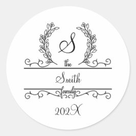 Monogram familienaam Script lettertype Bladeren Ronde Sticker