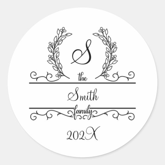 Monogram familienaam Script lettertype Bladeren Ronde Sticker (Voorkant)