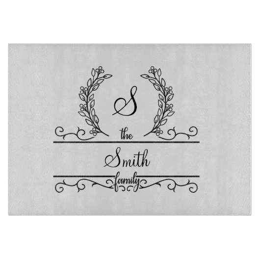 Monogram familienaam Script lettertype Bladeren Snijplank (Voorkant)