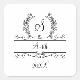 Monogram familienaam Script lettertype Bladeren Vierkante Sticker