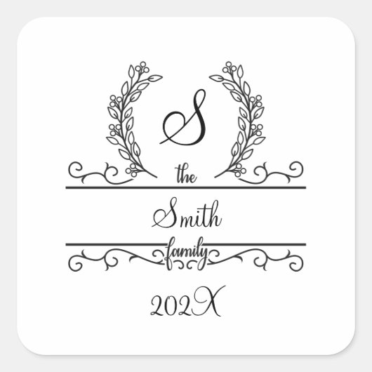 Monogram familienaam Script lettertype Bladeren Vierkante Sticker (Voorkant)