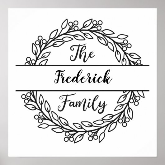 Monogram Familienaam WreatBlack White Leaves Poster (Voorkant)