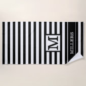 Monogram Familienaam Zwart Witte Cabana Stripe Strandlaken (Voorkant)