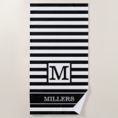 Monogram Familienaam Zwart Witte Cabana Stripe Strandlaken (Voorkant)