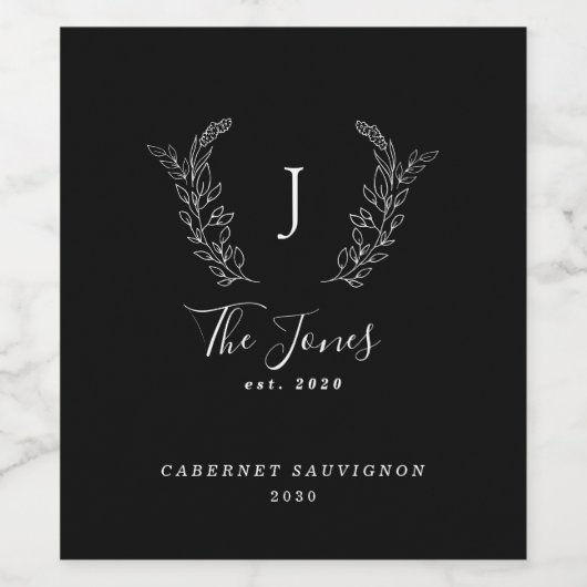 Monogram familienaam zwarte en witte sjabloon wijn etiket (Enkel label)