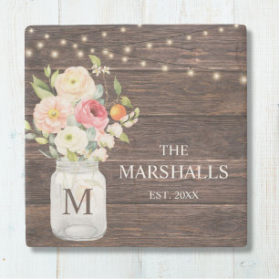 Monogram Familiennaam Bloem Mason Jar Rustiek Stenen Onderzetter
