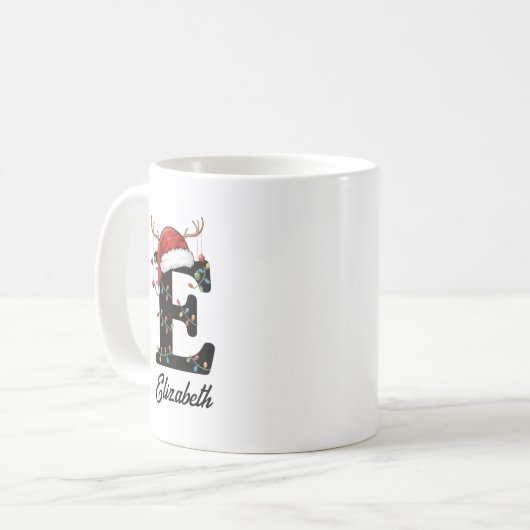 Monogram Family Christmas Antlers Santa Hat PHOTO Koffiemok (Voorkant links)