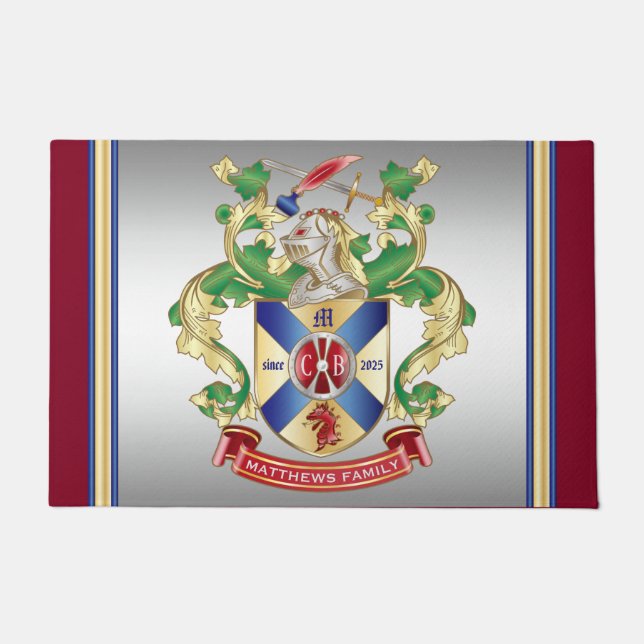 Monogram Family Crest Knight Shield Dragon Sword Deurmat (Voorkant)