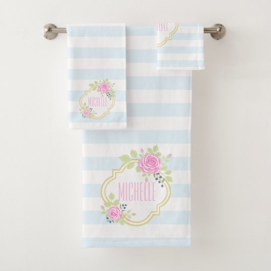 Monogram Fancy roze roze rozen blauwbes washanddoe Bad Handdoek (Insitu)