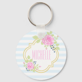 Monogram Fancy roze rozen blauwbes Sleutelhanger
