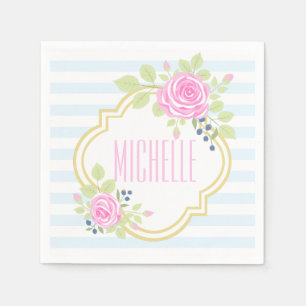 Monogram Fancy Rozen Blauwbes Papier servetten
