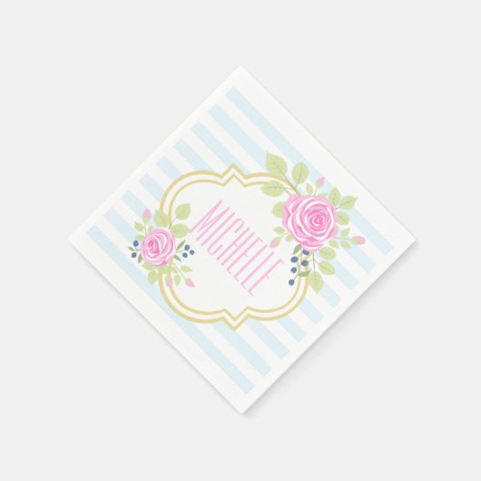 Monogram Fancy Rozen Blauwbes Papier servetten (Hoek)