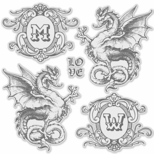 Monogram Fantasie Middeleeuwse Dragon  Lijsten Sticker (Voorkant)