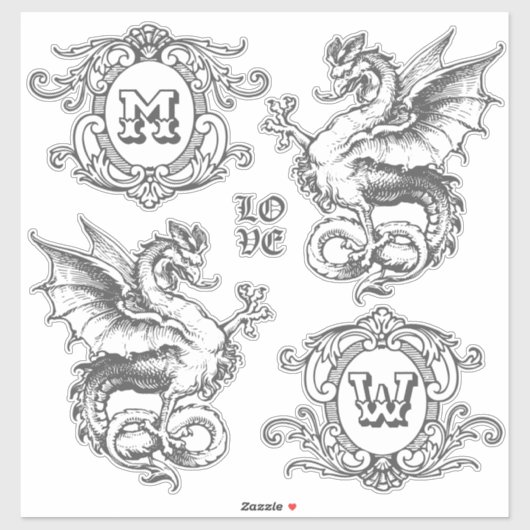 Monogram Fantasie Middeleeuwse Dragon  Lijsten Sticker (Vel)